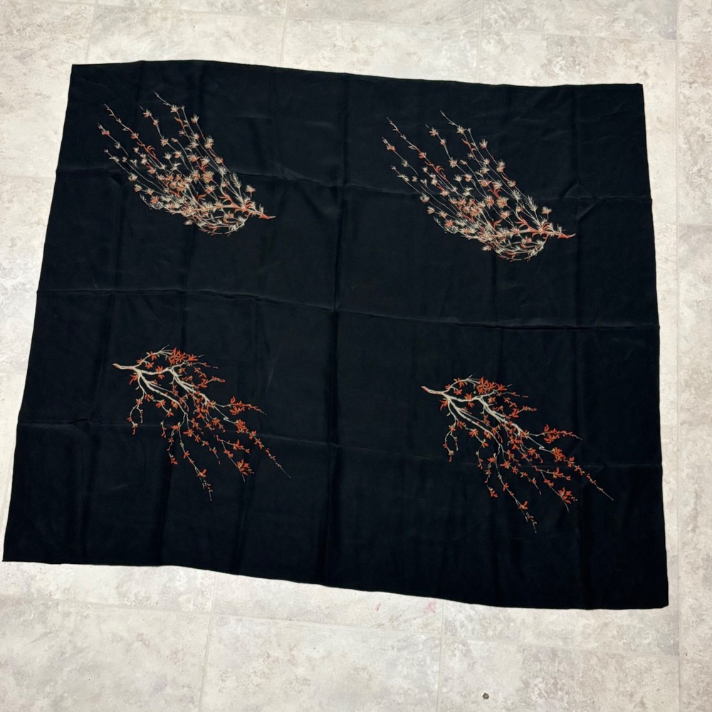 Scarf OS Womens Black Boho Grunge Retro Orange Floral Branch Hand Rolled Edge